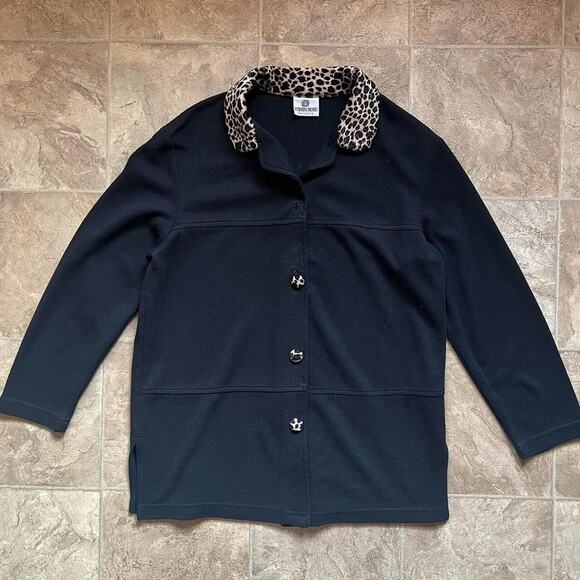 Vintage 80s Womens Knit Cardigan Black Cheetah Print Collar Mob Wife Punk Goth - Picture 5 of 9